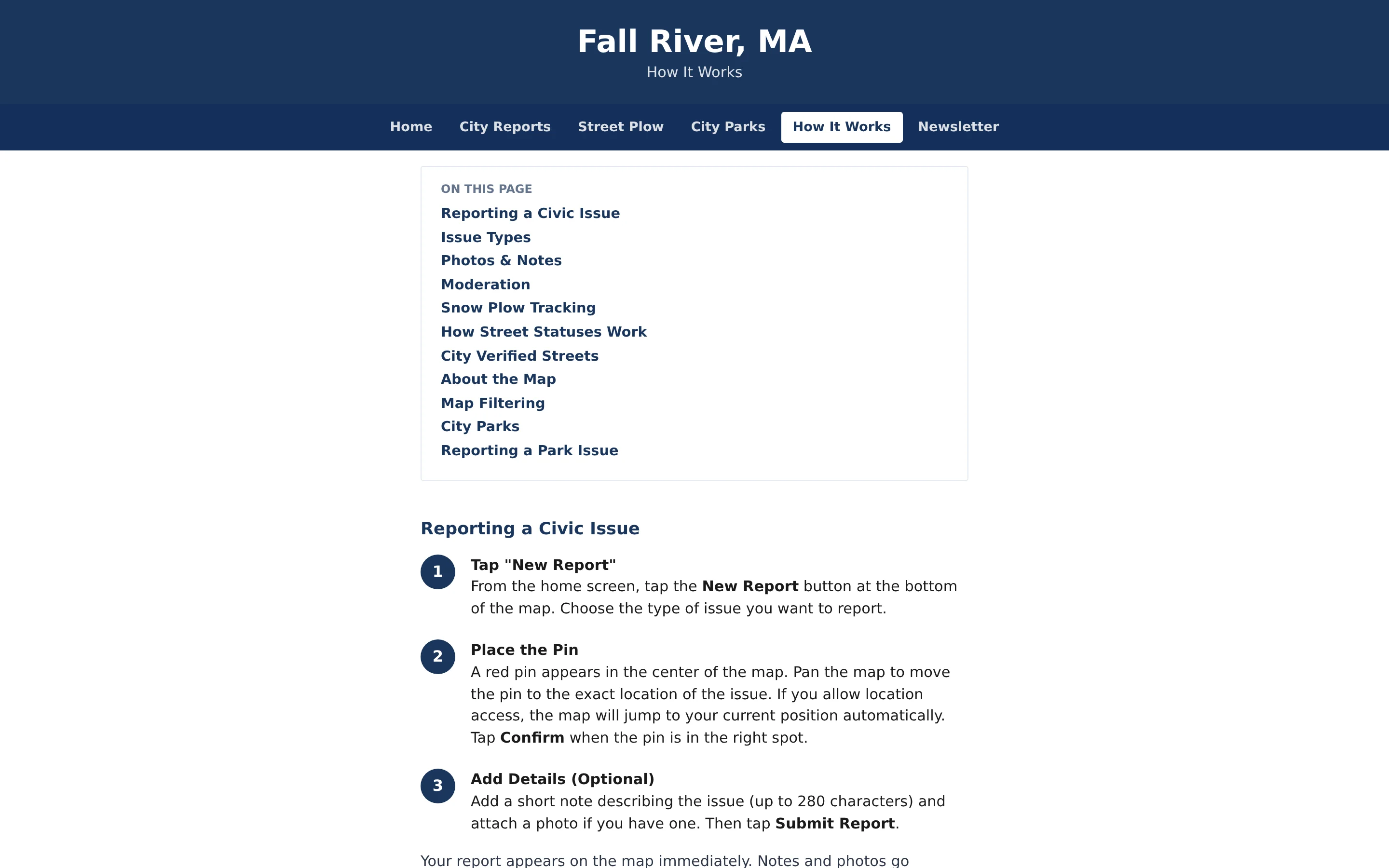 How It Works page with a table of contents and the three steps to report a civic issue: tap New Report, place the pin, add details.