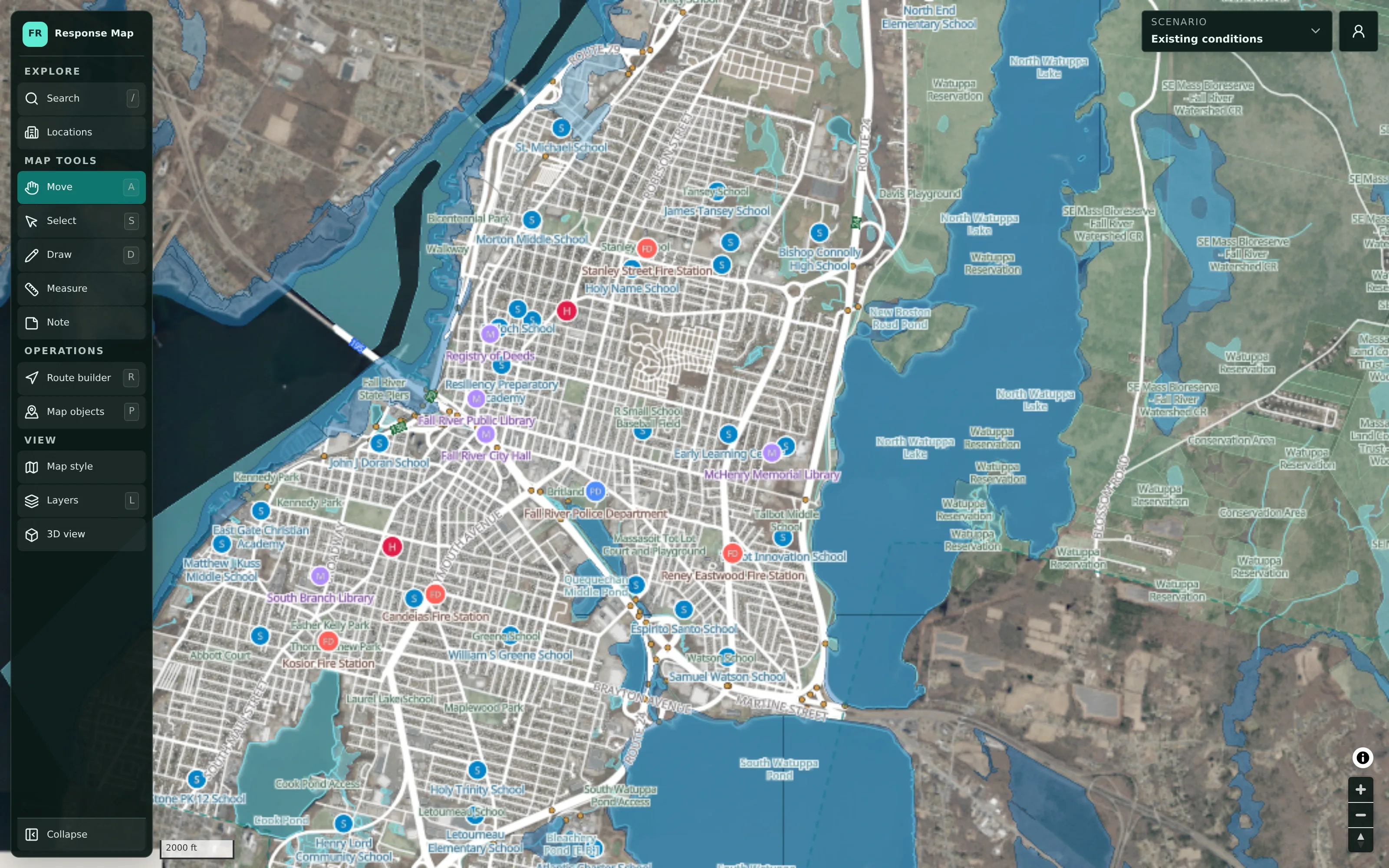Aerial imagery of Fall River with FEMA flood-risk areas shaded in blue and emergency-relevant locations marked on top.