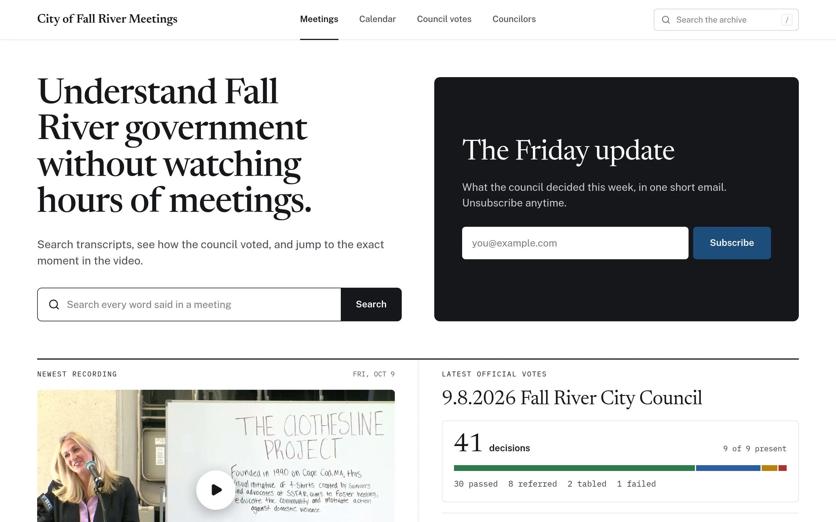 CivicMeeting home page for Fall River with a transcript search box, a weekly update sign-up, the newest meeting recording, and a summary of the latest council votes.