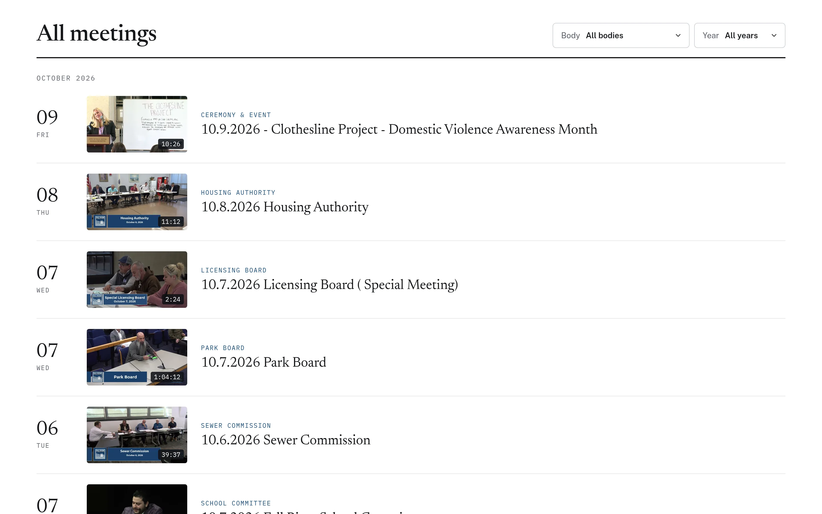 Archive of recorded Fall River public meetings, filterable by body and year, each with a thumbnail, duration, and board name.