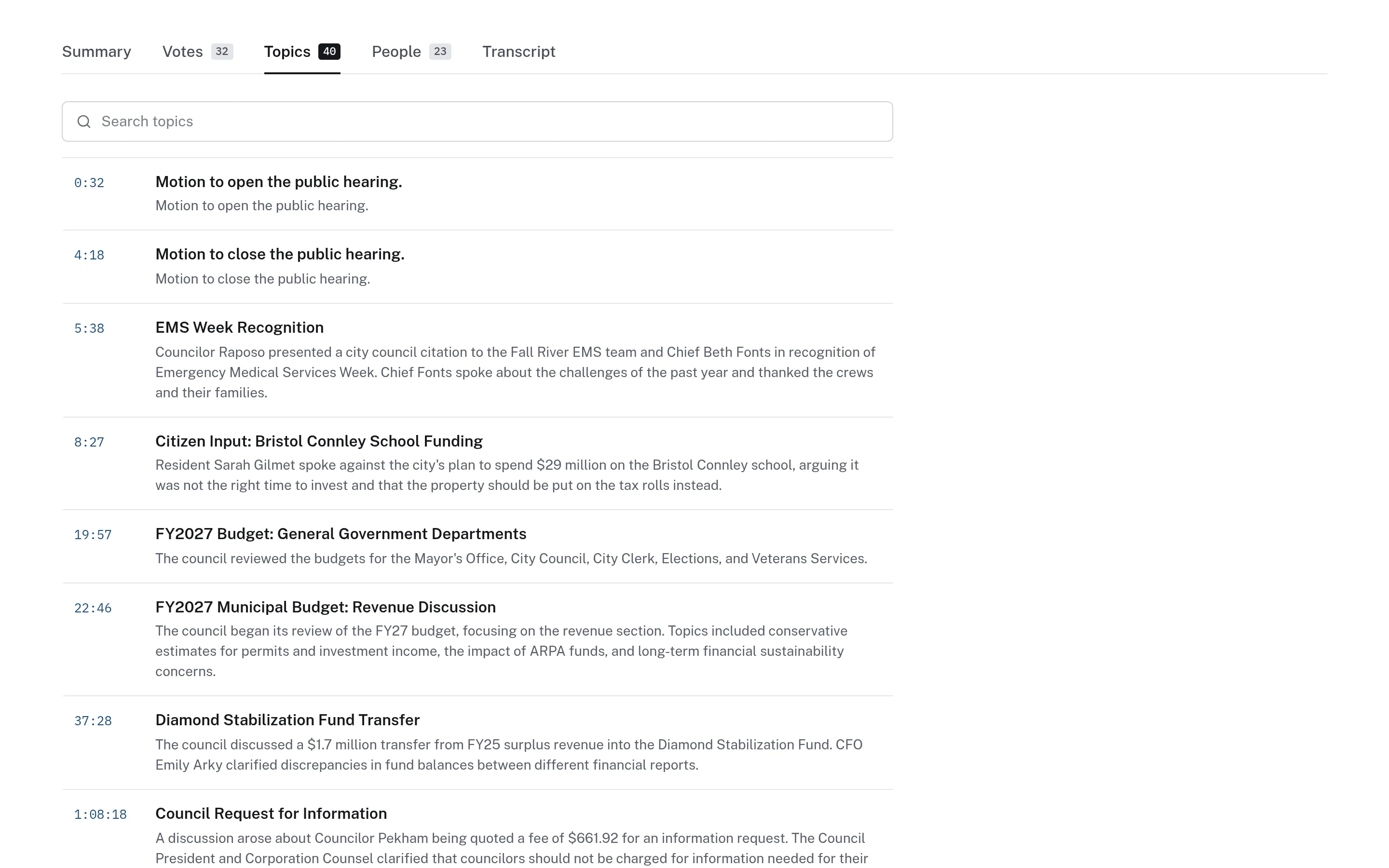Timestamped list of meeting topics, each with a short description, used to jump to that point in the video.