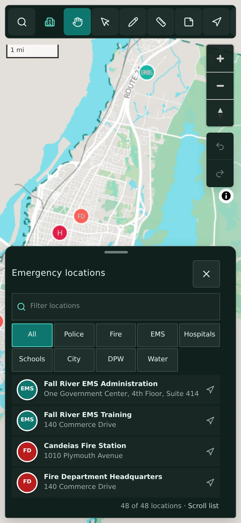 Phone-width CivicMaps view with an emergency-locations list in a bottom sheet and category filter chips.