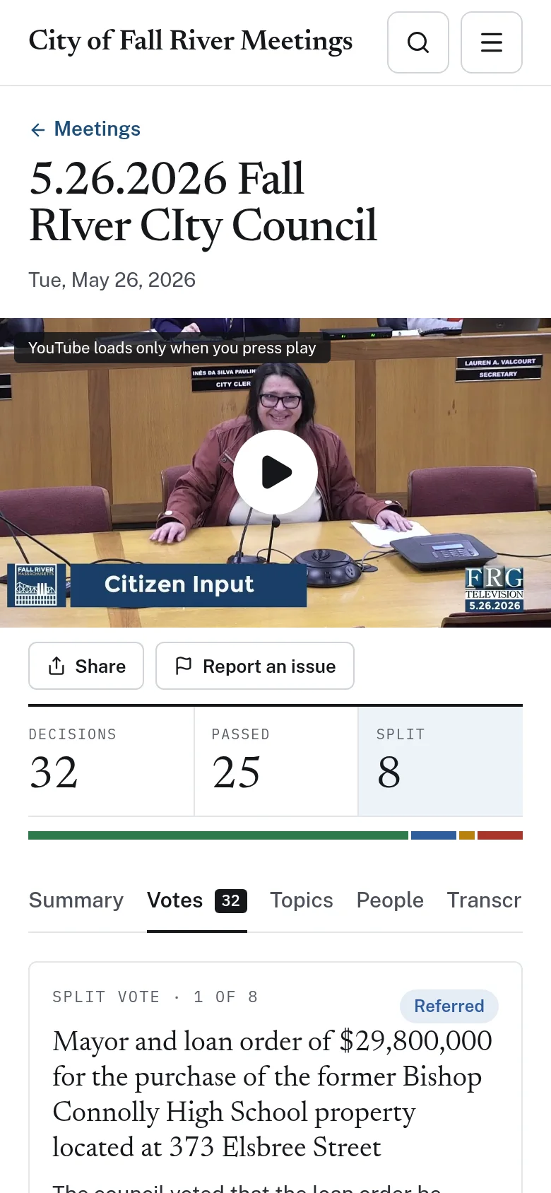 Mobile view of a meeting page with the video, decision counts, and the first split council vote.