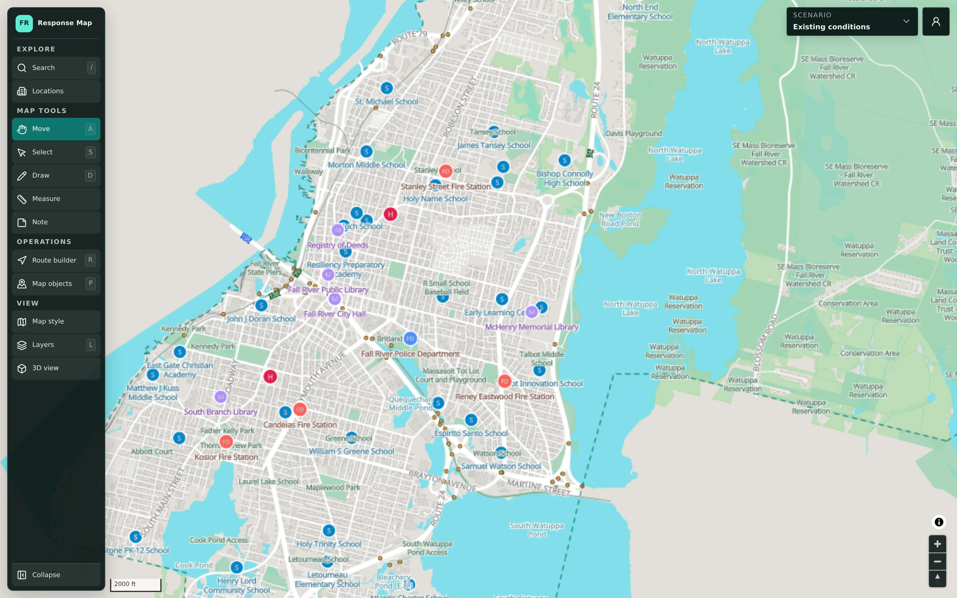 CivicMaps planning workspace showing Fall River with labelled schools, fire stations, police, hospitals, and civic buildings, a tool sidebar, and a scenario selector.