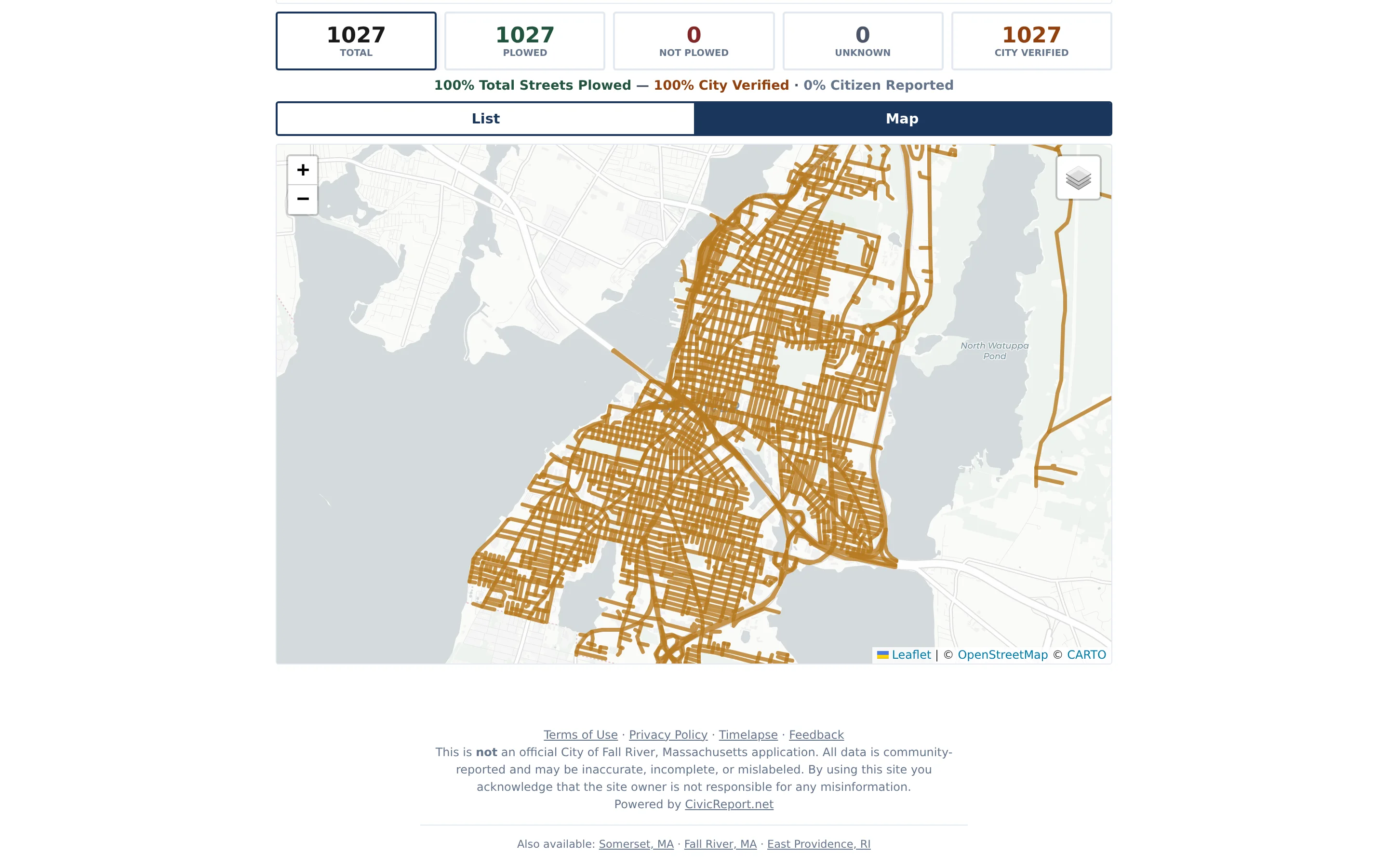 Snow plow street map with summary counts for total, plowed, not plowed, unknown, and City Verified streets, and every street drawn in gold to indicate City Verified status.