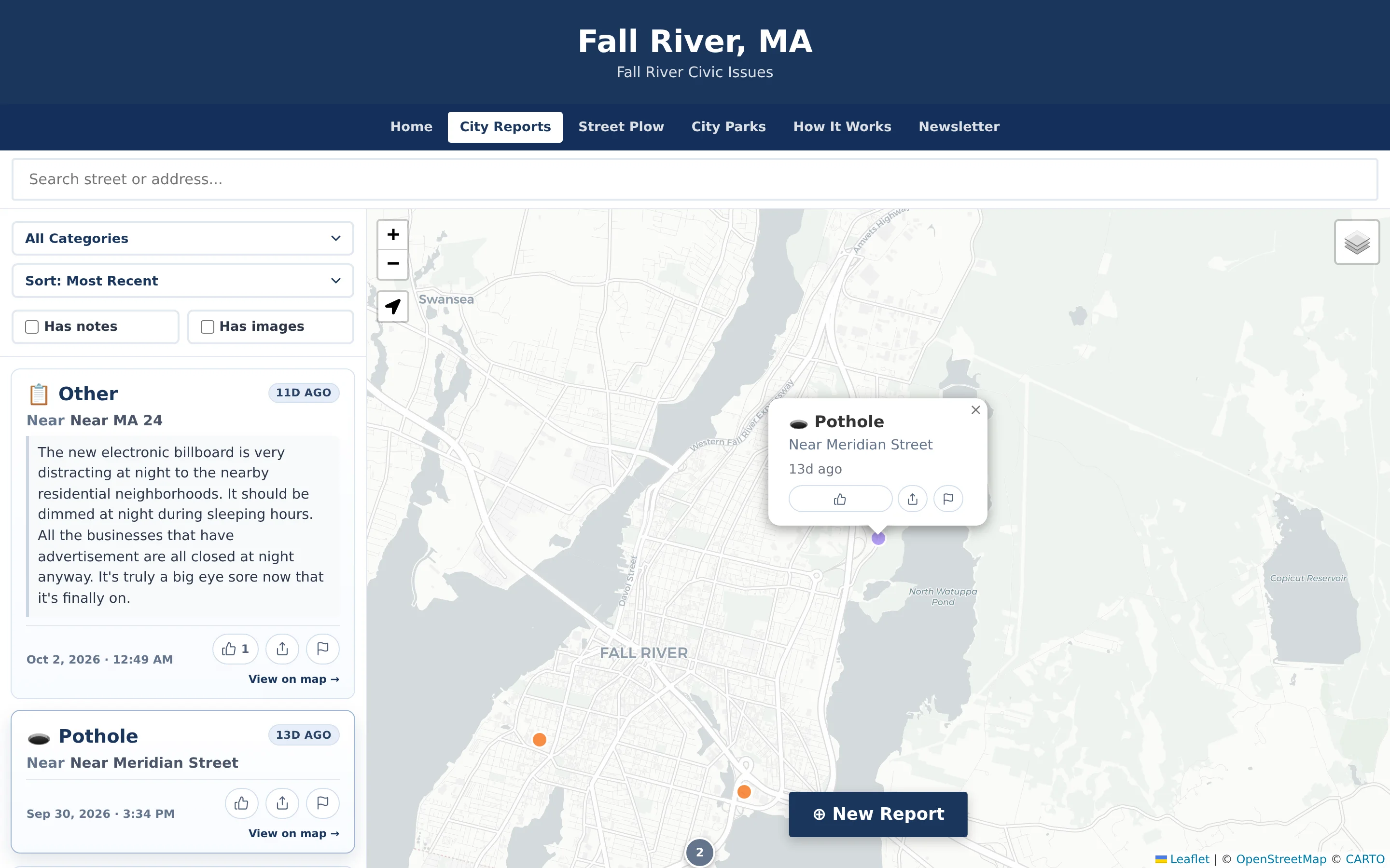 Map popup for a reported pothole showing its approximate location and age, with buttons to confirm, share, or flag the report.