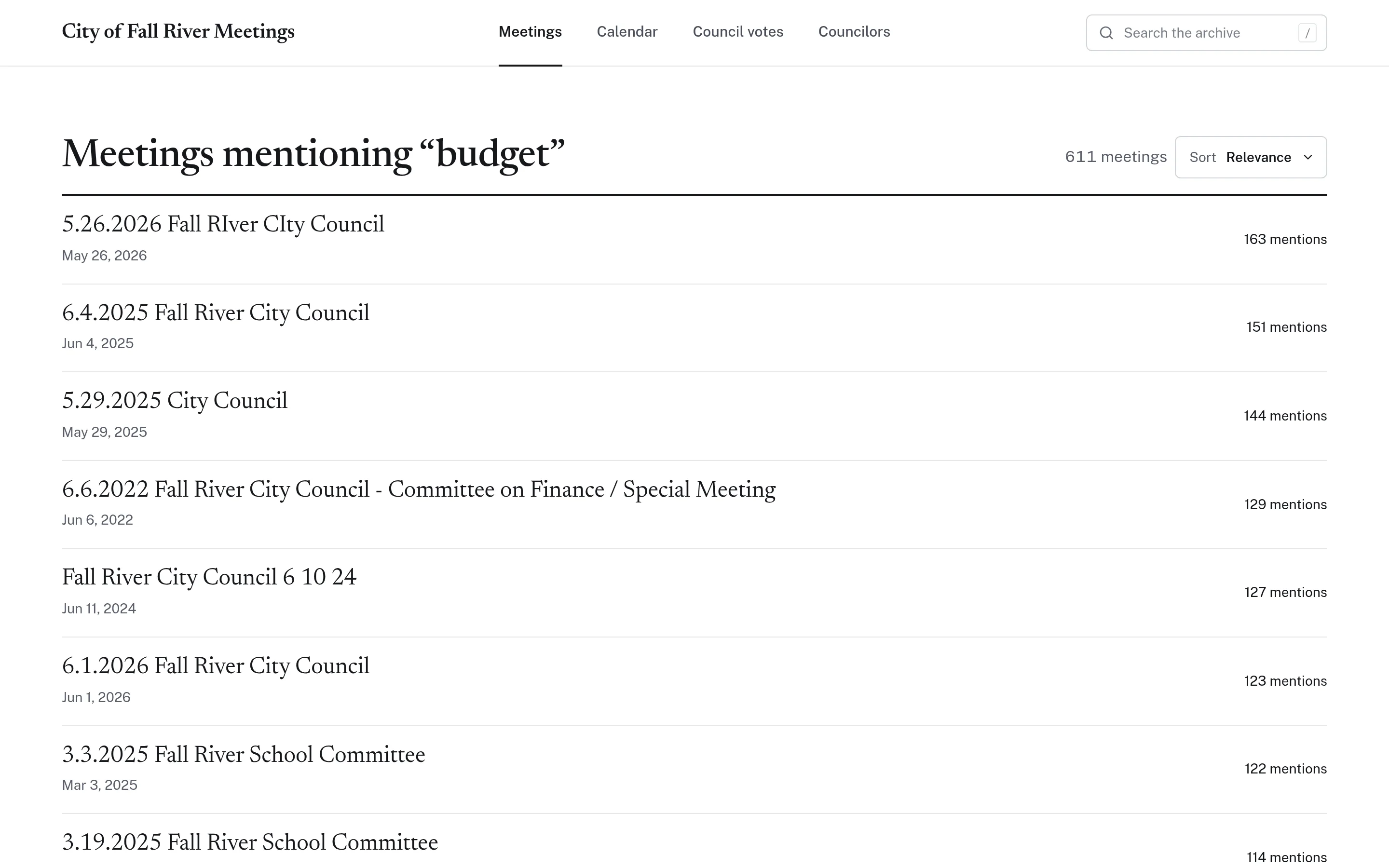 Search results for the word budget across 611 meeting transcripts, ranked by number of mentions.