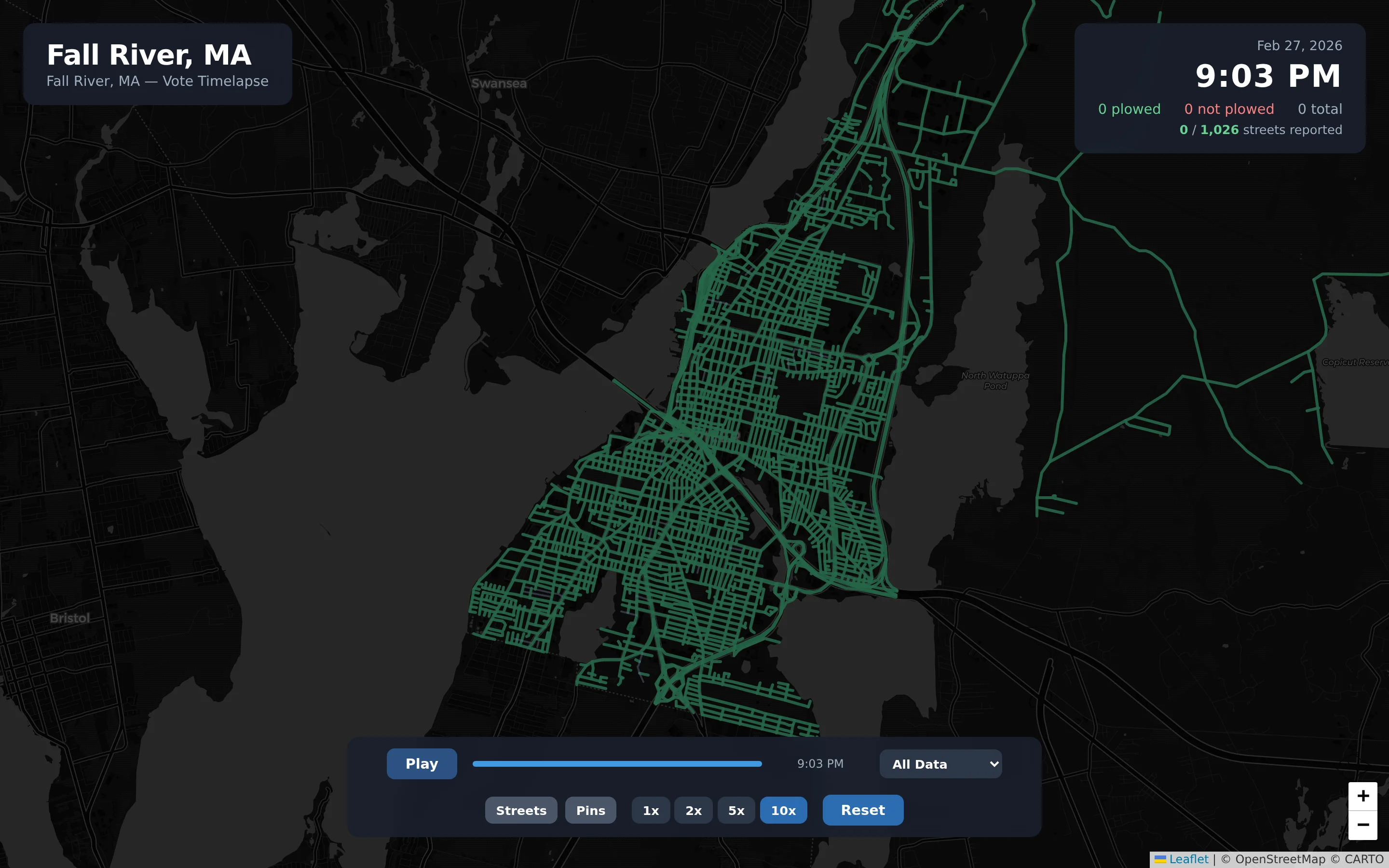 Dark timelapse map replaying a February 2026 storm in Fall River, with streets drawn in green and playback, date range, and speed controls.