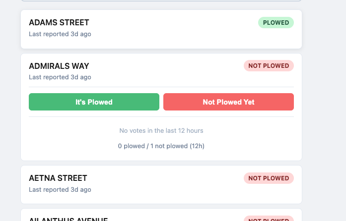 Street voting interface showing It's Plowed and Not Plowed Yet actions