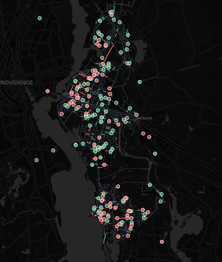 Dark map timelapse view showing citywide report and status patterns